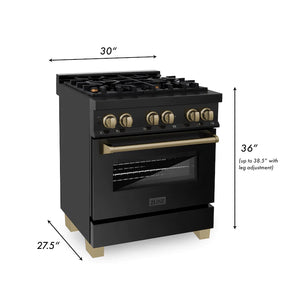 ZLINE 30" Autograph Edition Kitchen Package, Black Stainless Steel Dual Fuel Range, Range Hood, Dishwasher, Refrigeration, Champagne Bronze Accents