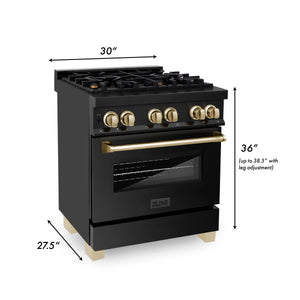 ZLINE 30" Autograph Edition Kitchen Package with Black Stainless Steel Dual Fuel Range, Range Hood, Dishwasher and Refrigeration with Gold Accents