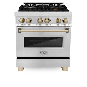 ZLINE 30" Autograph Edition Kitchen Package, Stainless Steel Dual Fuel Range, Range Hood, Dishwasher, Refrigeration, Champagne Bronze Accents