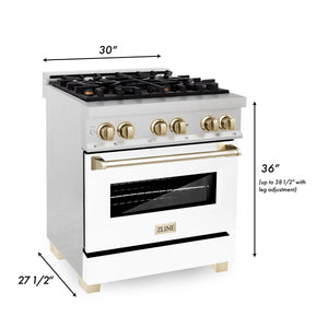 ZLINE Autograph Edition 30" 4.0 cu. ft. Dual Fuel Range, Gas Stove, Electric Oven in Stainless Steel, White Matte Door, Gold Accents