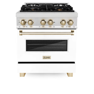 ZLINE Autograph Edition 30" 4.0 cu. ft. Dual Fuel Range, Gas Stove, Electric Oven in Stainless Steel, White Matte Door, Gold Accents