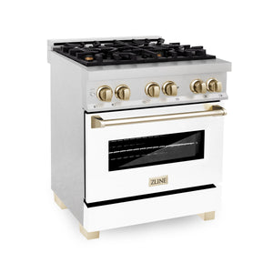 ZLINE Autograph Edition 30" 4.0 cu. ft. Dual Fuel Range, Gas Stove, Electric Oven in Stainless Steel, White Matte Door, Gold Accents