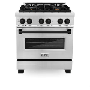 ZLINE 30" Autograph Edition Kitchen Package with Stainless Steel Dual Fuel Range, Range Hood, Dishwasher and Refrigeration with Matte Black Accents