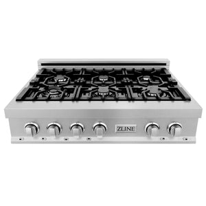 ZLINE 36" Porcelain Gas Stovetop in Fingerprint Resistant Stainless Steel with 6 Gas Burners and Griddle (RTS-GR-36)