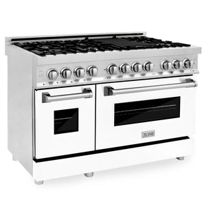 ZLINE 48" 6.0 cu. ft. Electric Oven, Gas Cooktop Dual Fuel Range, Griddle, White Matte Door in Fingerprint Resistant Stainless