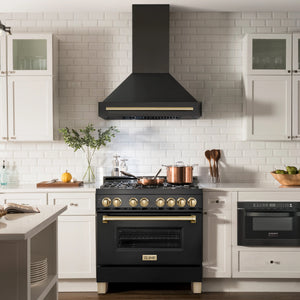 ZLINE 36" Autograph Edition Kitchen Package with Black Stainless Steel Dual Fuel Range, Range Hood, Dishwasher and Refrigeration with Gold Accents