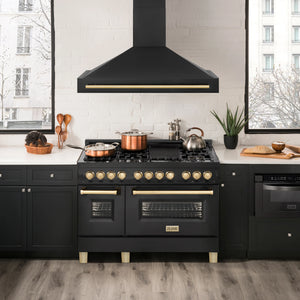 ZLINE 36" Autograph Edition Kitchen Package with Black Stainless Steel Dual Fuel Range, Range Hood and Dishwasher with Gold Accents