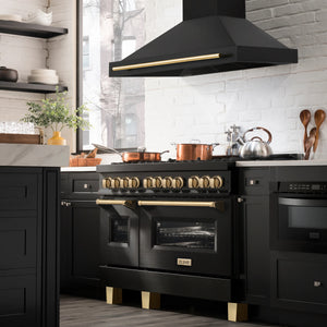 ZLINE 36" Autograph Edition Kitchen Package with Black Stainless Steel Dual Fuel Range, Range Hood and Dishwasher with Gold Accents