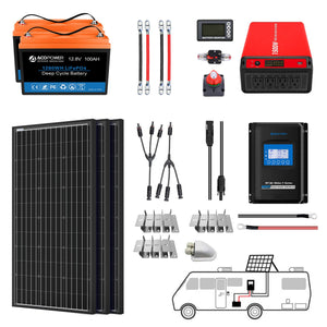 ACOPOWER - Lithium Battery Mono Solar Power Complete System with Battery and Inverter for RV Boat 12V Off Grid Kit